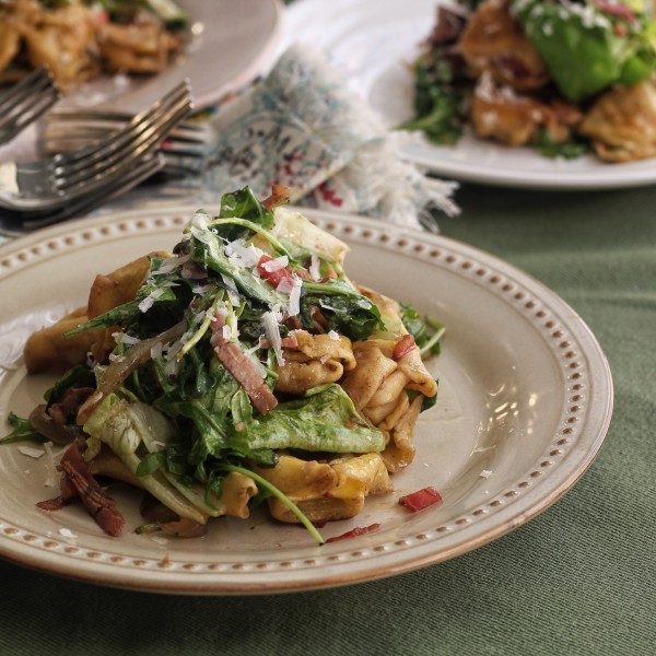 Greens with Fried Tortellini and Prosciutto